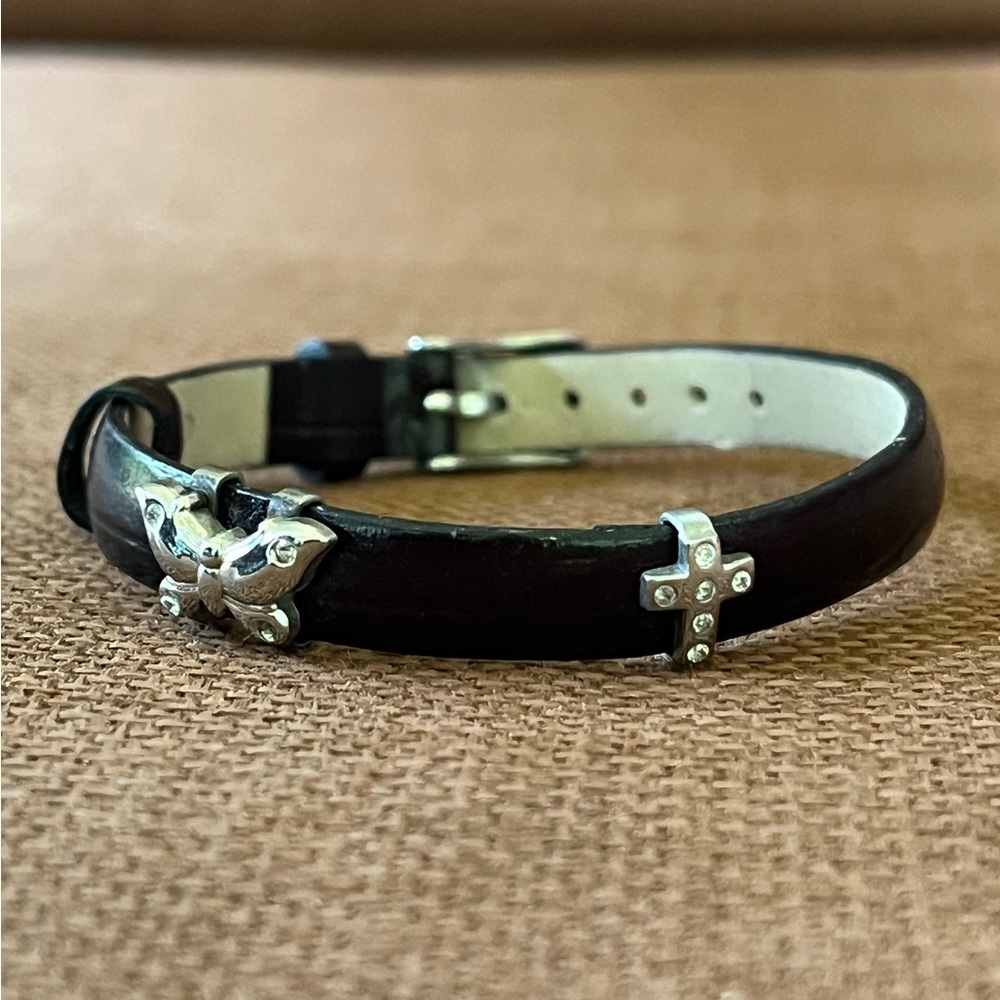 Black Leather Strap Bracelet with Silver Tone Charms Butterfly Cross